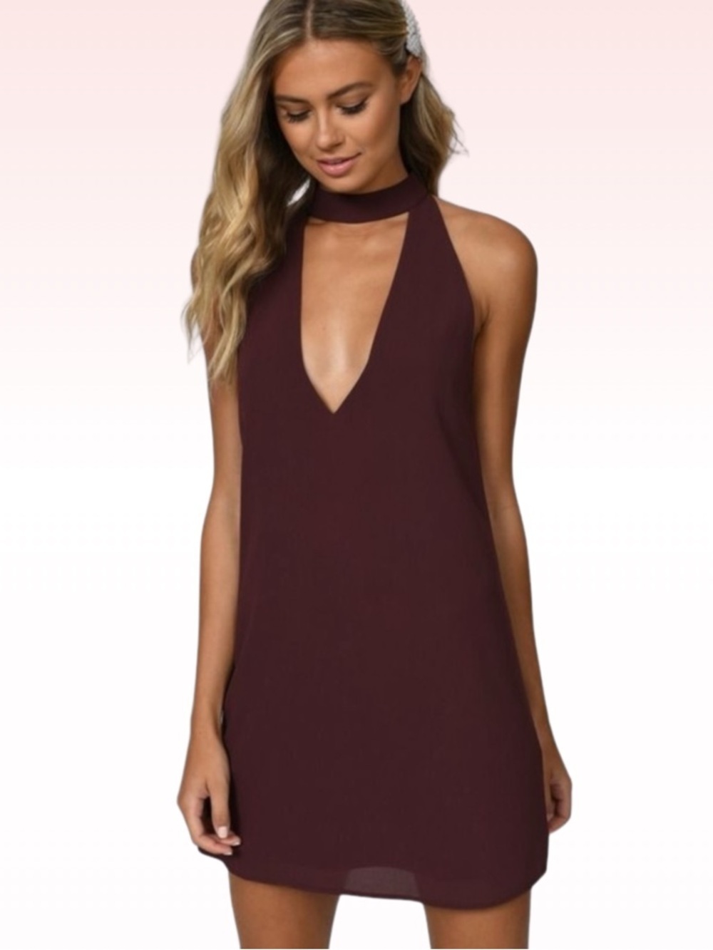 TOBI Wine Red Halter Neck Plunge Shift Dress (Sz L)